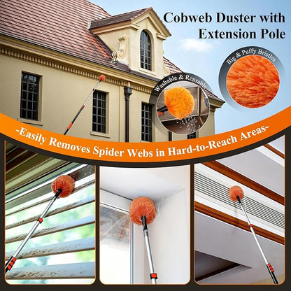 26ft High Reach Duster Kit with 5-20ft Heavy-Duty Extra Long Extension Pole, Vaulted Ceiling Cobweb Brush, Washable Ceiling Fan Duster, Microfiber Duster & Window Squeegee for Tall Ceiling