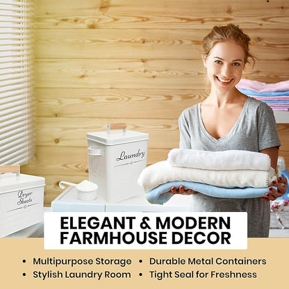 Farmhouse Metal Laundry Pods Container with Dryer Sheet Holder for Organization and Storage, Laundry Room Decor - Holds 156 Pods and 300 Sheets (White)