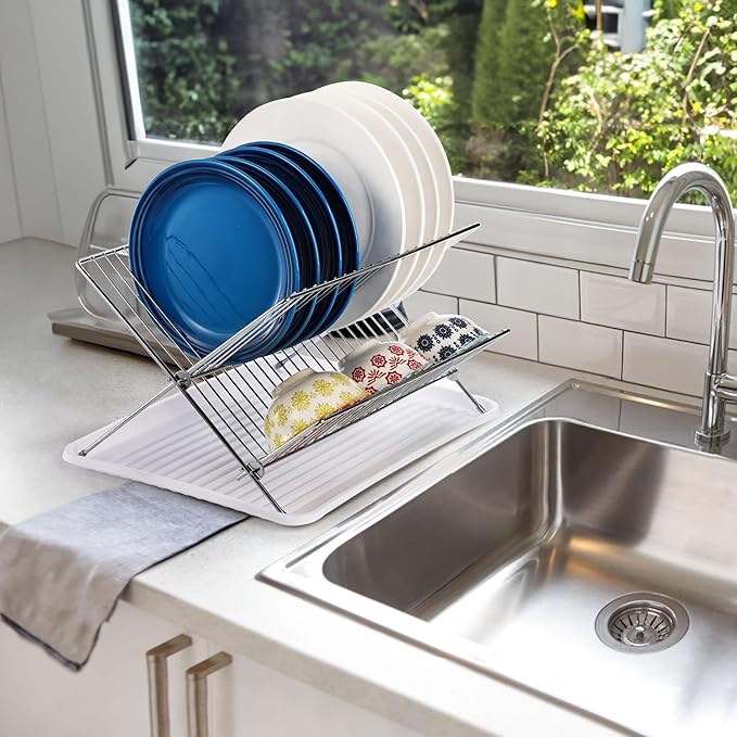 Youeon Foldable Dish Drying Rack with Drip Tray, Stainless Steel 2 Tier Dish Drainer Rack, Collapsible Dish Drainer, Folding Dish Rack for Kitchen Sink, Countertop, Cutlery, Plates, Dishes