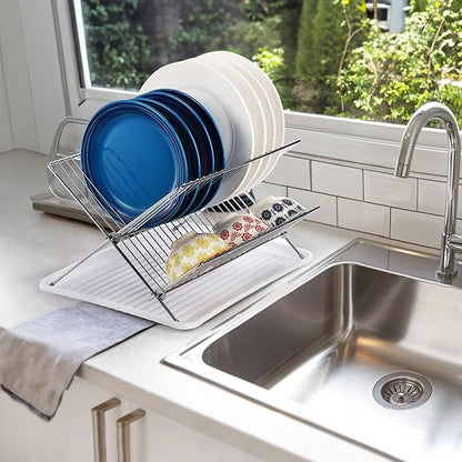 Youeon Foldable Dish Drying Rack with Drip Tray, Stainless Steel 2 Tier Dish Drainer Rack, Collapsible Dish Drainer, Folding Dish Rack for Kitchen Sink, Countertop, Cutlery, Plates, Dishes