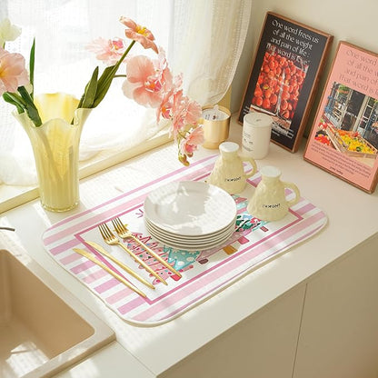 Christmas Dish Drying Mats 18x24 Inch Stripes Watercolor Pink Christmas Trees Star Drying Mats Xmas Winter Holiday Kitchen Decor Absorbent Drying Dish Pad for Kitchen Dining Room Counter