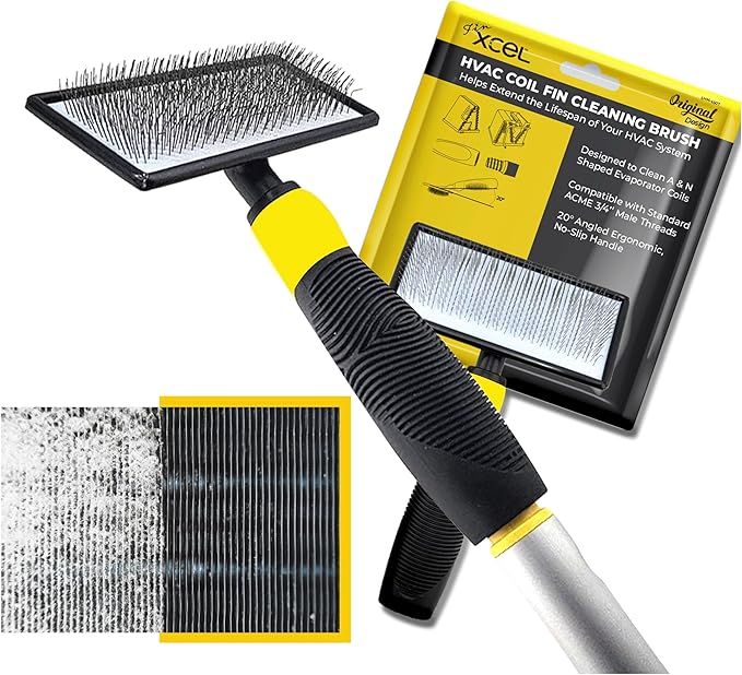 Coil Cleaning Brush for HVAC & AC – Evaporator & Condenser Coil Cleaner Tool, 135° Stainless Steel Pins, Heavy-Duty for Tight Spaces, Safe for Delicate Fins, ACME Pole Compatible