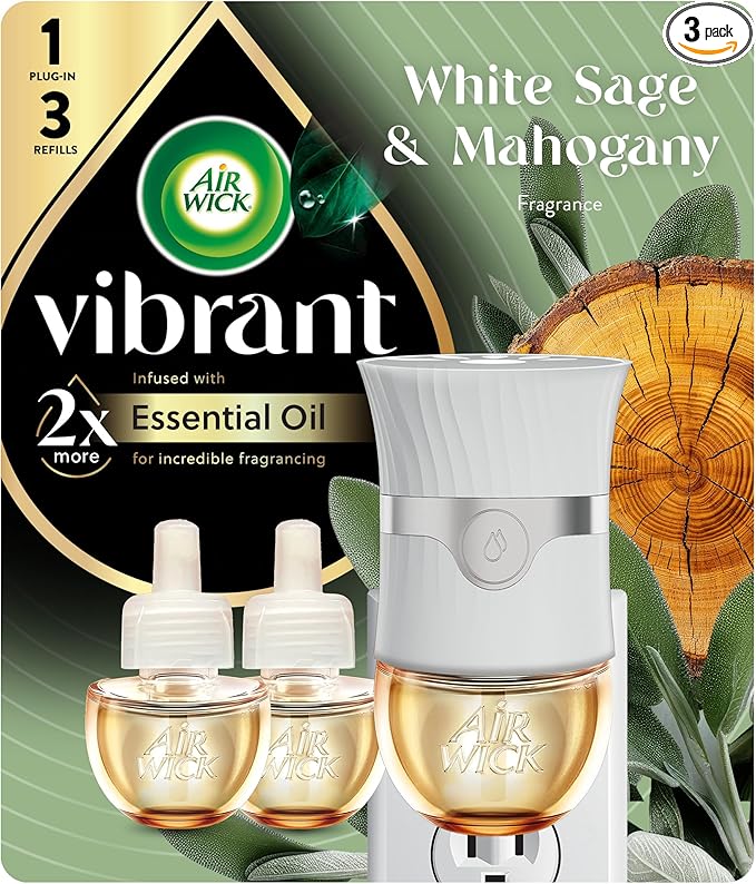 Air Wick Vibrant Plug In Scented Oil Warmer + Refills, Infused with Essential Oils, Plug In Air Fresheners for Home, White Sage & Mahogany, Gadget + 3 ct