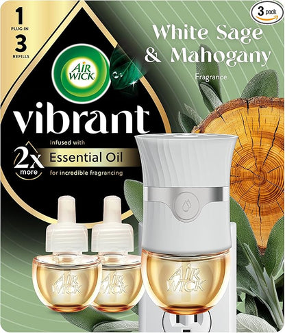Air Wick Vibrant Plug In Scented Oil Warmer + Refills, Infused with Essential Oils, Plug In Air Fresheners for Home, White Sage & Mahogany, Gadget + 3 ct