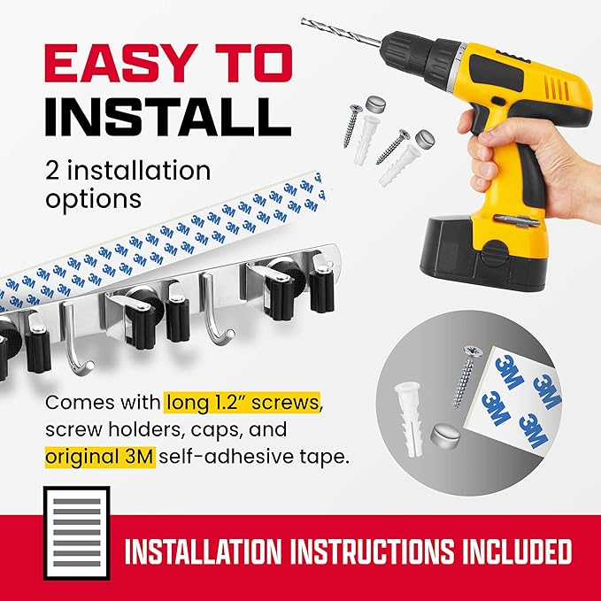Mop and Broom Holder Wall Mount – Self-Adhesive Stainless Steel broom hanger organizer – 4 Clamps, 3 Hooks, 5 Towel Hanging Clips Mounting Screws – Holds Up to 40 Lbs