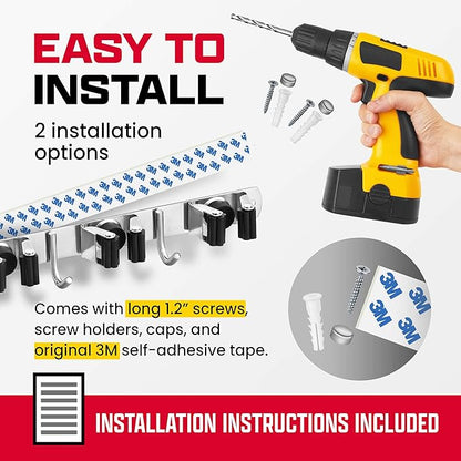 Mop and Broom Holder Wall Mount – Self-Adhesive Stainless Steel broom hanger organizer – 4 Clamps, 3 Hooks, 5 Towel Hanging Clips Mounting Screws – Holds Up to 40 Lbs