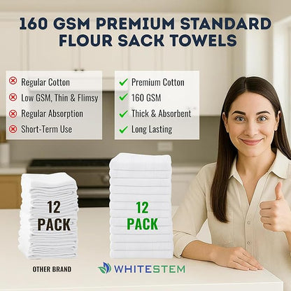 Flour Sack Towels 18” x 28” – Pack of 12 Cotton Kitchen Towels, Dish Towels and Tea Towels for Embroidery, Thick Absorbent for Baking & Bread Proofing - White