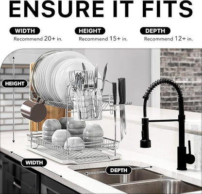 Simple Houseware 2-Tier Stainless Steel Dish Rack with Drainboard, Chrome for Kitchen