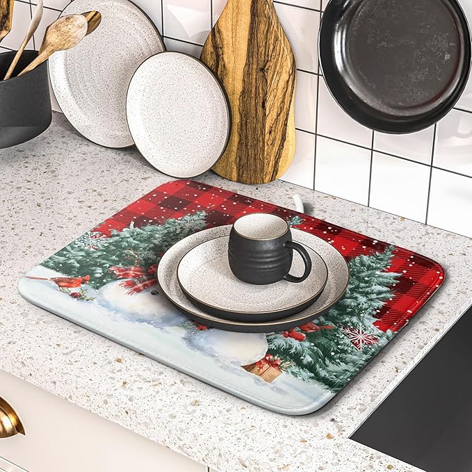 Christmas Snowman Dish Drying Mat for Kitchen Counter Xmas Trees Snowflake Buffalo Plaid Drying Mat 16x18 Inch Winter Holiday Absorbent Dish Drainer Mat Christmas Kitchen Accessories