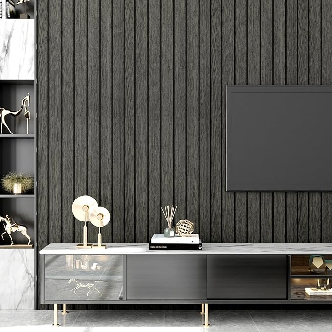 Wallercity Black/Grey Peel and Stick Wood Panels Removable 3D Wood Grain Slat Soundproof Wall Panel for Walls Self Adhesive Vinyl Wooden Fluted Wall Panels for Bedroom Bathroom RV Basement 11.7"x197"
