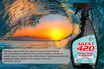 Agent 420 Odor Eliminator Trigger Spray, Ocean Mist, 22 oz — Tea Tree Oil Breaks Down Smoke at the Molecular Level