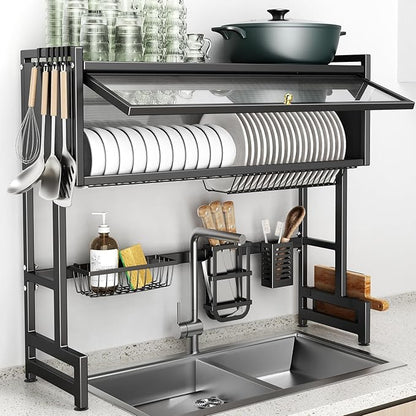 Over The Sink Dish Drainer Drying Rack 3 Tiers with Cover, Keep Kitchen Sink Shlef Organized Space-Saving Dish Drying Rack, Large Stainless Steel Sink Dish Rack for Dishes, Bowls, Cutlery (37.4"w)