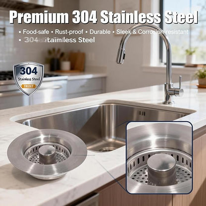 VANCOCO Kitchen Sink Drain Strainer 3-in-1 Pop Up Design, 304 Stainless Steel with Anti-Clog & Odor Control, Standard 3-1/2 Inch Drain Fit Drain Hole