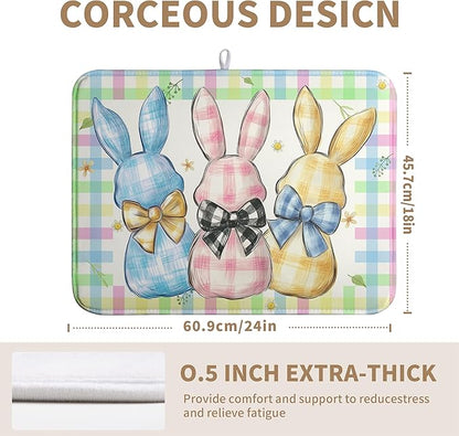 Easter Drying Mat for Kitchen Counter 18x24 Inch Spring Cute Bunny Dish Drying Mats Colorful Buffalo Plaid Rabbits Drying Pad Microfiber Absorbent Dish Drainer Rack Mat Easter Kitchen Accessories