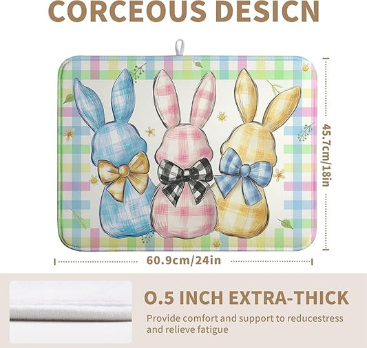 Easter Drying Mat for Kitchen Counter 18x24 Inch Spring Cute Bunny Dish Drying Mats Colorful Buffalo Plaid Rabbits Drying Pad Microfiber Absorbent Dish Drainer Rack Mat Easter Kitchen Accessories