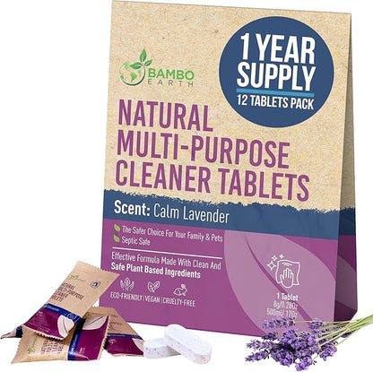 12 Pack Natural Multi-Purpose Cleaner - All Surface Multipurpose Cleaning Tablets Refill - Eco-Friendly Product & Cleaning Supplies - 1 Tablet = 17oz Spray (204oz Total) - Calm Lavender