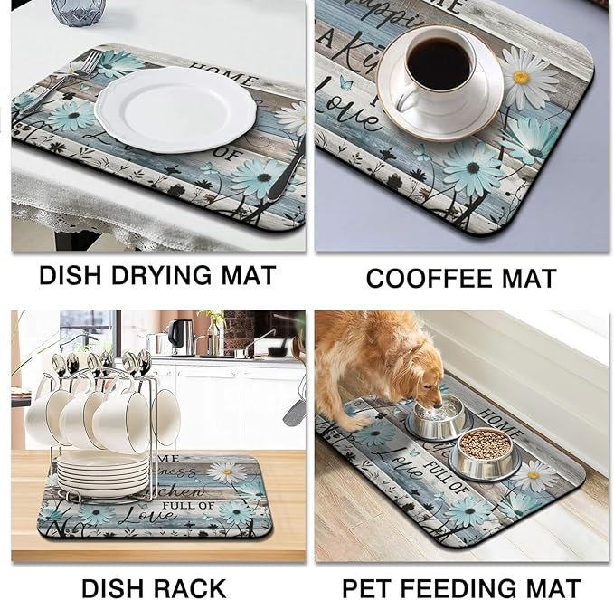 Dish Drying Mat for Kitchen Counter 2 Pack with Non-Slip Rubber Backing - Heat-Resistant Absorbent Coffee Bar Mat, Dish Rack Mat, Sunflowers on Blue Wooden Boards Dish Drying Mats 18x24+19.5x12 inch