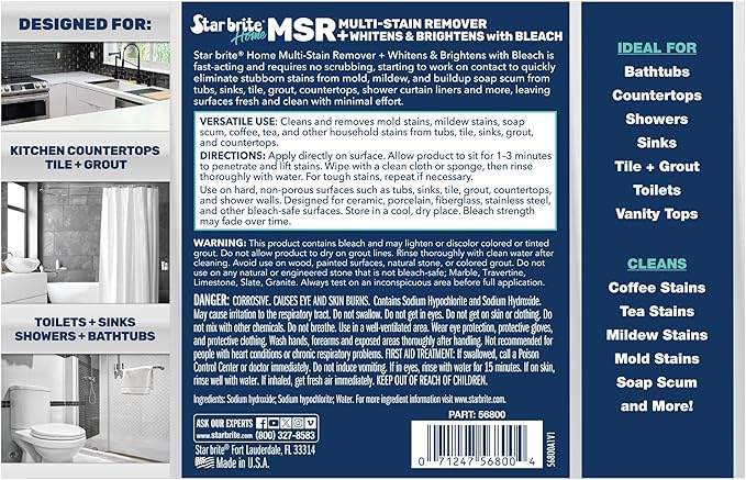 STAR BRITE Home MSR Multi-Stain Remover with Bleach - Fast-Acting Cleaner for Kitchen & Bath - Whitens, Brightens and Removes Stains and Scum on Grout, Tile, Sinks and Countertops