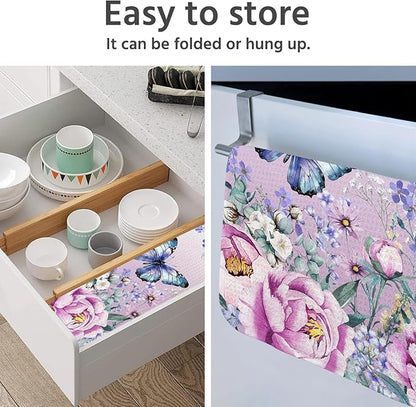 Dish Drying Mat for Kitchen Counter 16x18 Inch, Super Absorbent Dish Drainer Mat, Decorative Microfiber Dishes Drying Pad-Small(Purple Butterfly)