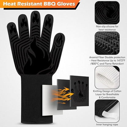 BBQ Gloves, 1472°F Heat Resistant Gloves Fireproof Mitts, Grilling Gloves Silicone Non-Slip Washable Oven Glove, Kitchen Glove for Barbecue, Grilling, Cooking, Baking, Camping, Smoker (Black)