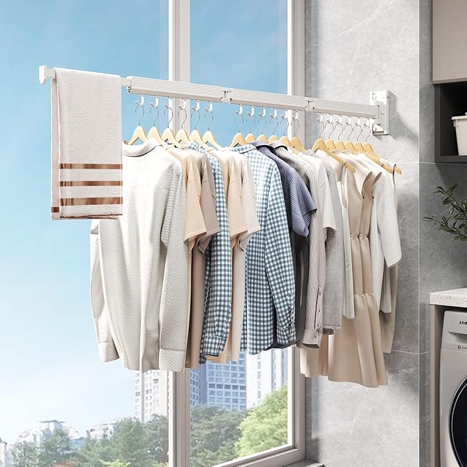 Wall Mounted Clothes Drying Rack, Collapsible Laundry Drying Rack, Retractable Foldable Drying Rack Clothing for Hanging Clothes,White-Hooks
