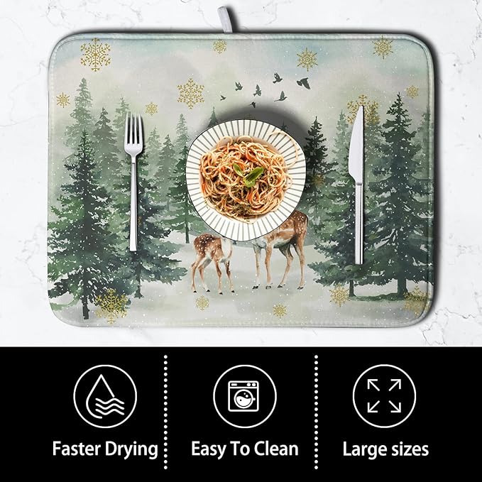 Reindeer Tree Snowflakes Christmas Dish Drying Mats for Kitchen Counter 18x24 Inch Winter Forest Dish Drainer Mats Absorbent Reversible Dish Draining Microfiber Dishes Drying Pad
