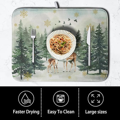 Reindeer Tree Snowflakes Christmas Dish Drying Mats for Kitchen Counter 18x24 Inch Winter Forest Dish Drainer Mats Absorbent Reversible Dish Draining Microfiber Dishes Drying Pad