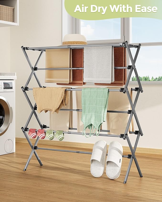 APEXCHASER Drying Rack Clothing, Clothes Drying Rack Foldable, Laundry Drying Rack Expandable, Small Clothe Hanger for Baby Clothes Towel Bib Sock, Clothes Airer for Indoor Outdoor Use, Grey/Black