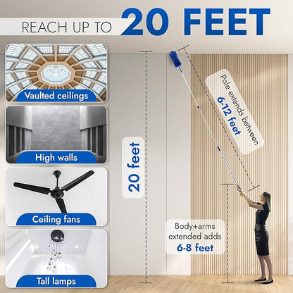 Blue Extension Rod Ceiling Duster with 18-20 feet Reach 3-Stage Aluminum Telescoping Pole - Cathedral, Cobweb, Microfiber, Ceilings Fan Duster Includes 2 Hand Dusting Kit
