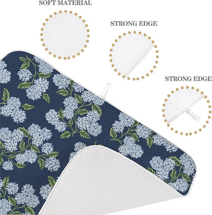 Navy Blue Dish Drying Mat 18x24 Inch Blue Green Vintage Floral Hydrangea Flower Drying Mat Spring Summer Seasonal Absorbent Dish Drying Pad Dish Rack Drainer Mats for Kitchen Dining Counter