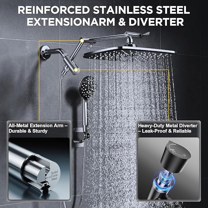 Veken Wide High Pressure Rain Shower Head with Handheld, Handheld Shower Heads with Multi Spray Modes, Rainfall Combo with 15" Metal Extension Arm,Detachable Dual Shower, Bathroom Decor,Chrome Silver