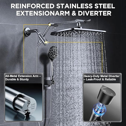 Veken Wide High Pressure Rain Shower Head with Handheld, Handheld Shower Heads with Multi Spray Modes, Rainfall Combo with 15" Metal Extension Arm,Detachable Dual Shower, Bathroom Decor,Chrome Silver