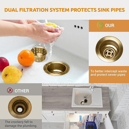 BOTEMY 3-1/2'' Kitchen Sink Drain Assembly Kit,Brass-Finish Sink Drain Strainer with Removable Deep Sink Strainer Basket and Sink Stopper Flat Cover Replacement for Standard Kitchen Sinks