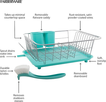 Farberware Compact Dish Drying Rack with Frost Sink Brush, Removable Drainboard and Flatware Caddy, Holds 9 Plates - Teal, Rust-Resistant for Small Kitchens