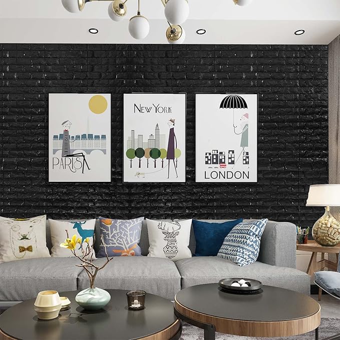 YU LI 3DH 3D Wall Panels Peel and Stick 11PCS Black Foam Brick Wallpaper for Bedroom Faux Stone Wall Panel Self-Adhesive Wallpaper (11PCS-10.65 Sq Ft, Black)