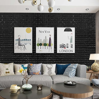YU LI 3DH 3D Wall Panels Peel and Stick 30PCS Black Foam Brick Wallpaper for Bedroom Faux Stone Wall Panel Self-Adhesive Wallpaper (30PCS-29 Sq Ft, Black)