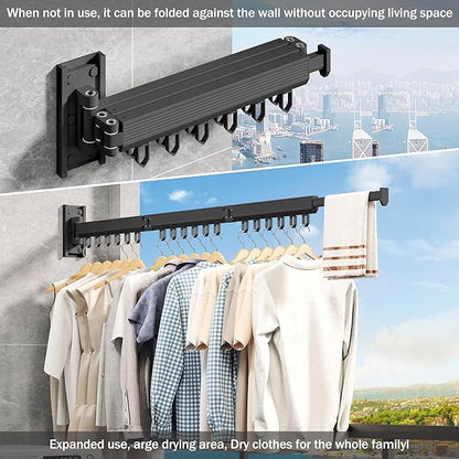 Wall Mounted Clothes Drying Rack, Collapsible Laundry Drying Rack, Retractable Foldable Drying Rack Clothing for Hanging Clothes,Black-Rings
