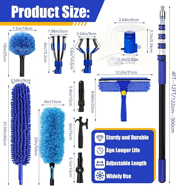 20FT Light Bulb Changer for High Ceilings with 5-12FT Heavy Duty Extension Pole,High Ceiling Fan Duster Extendable Reusable Cobweb,Feather,Window Cleaning Squeegee Kit for Home & House,Interior Roof