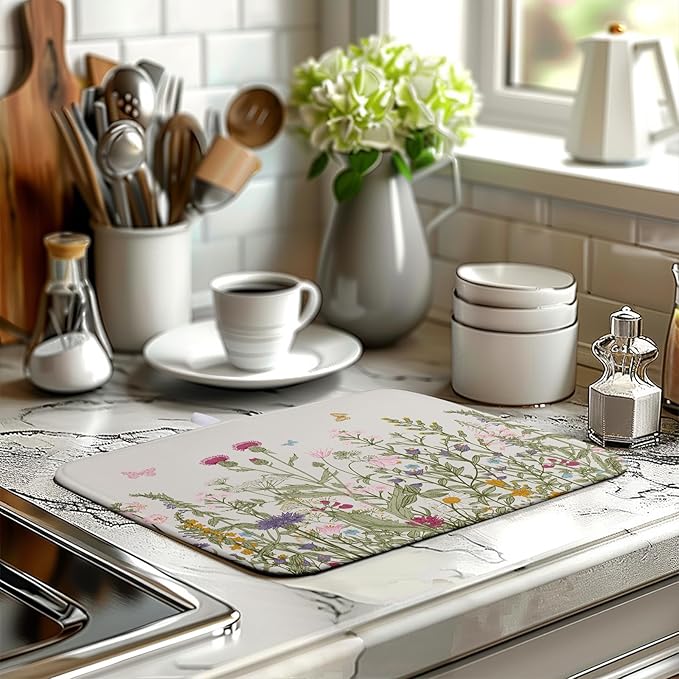 Wildflower Floral Dish Drying Mat for Kitchen Counter Vintage Rustic Flower Drying Mats Spring Summer Herb Plant Absorbent Microfiber Dishes Pad Washable Dish Draining Mat Medium 16"x18"