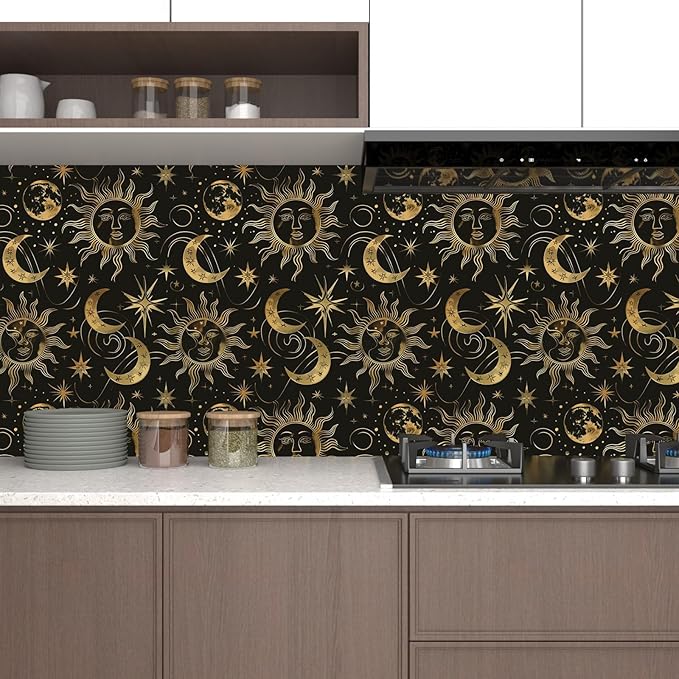 Laatse Black Peel and Stick Removable Vintage Wallpaper Gold Celestial Sun Moon Star Contact Paper 17.5" x 118" Dark Boho Mural Waterproof for Wall Bedroom Kitchen Bathroom Cabinet Room Decor