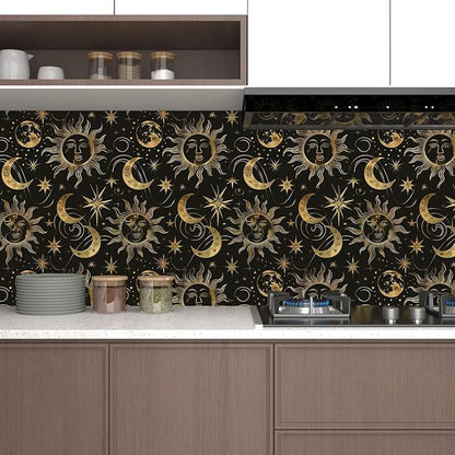 Laatse Black Peel and Stick Removable Vintage Wallpaper Gold Celestial Sun Moon Star Contact Paper 17.5" x 118" Dark Boho Mural Waterproof for Wall Bedroom Kitchen Bathroom Cabinet Room Decor