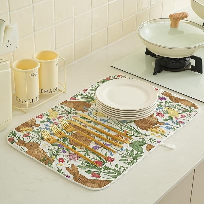 Spring Dish Drying Mat 18x24 Inches For Kitchen Counter Absorbent Brown Rabbit Floral Kitchen Easter Bunny Flower Drying Mat Pad For Home Kitchen,Dining Room,Office Decoration