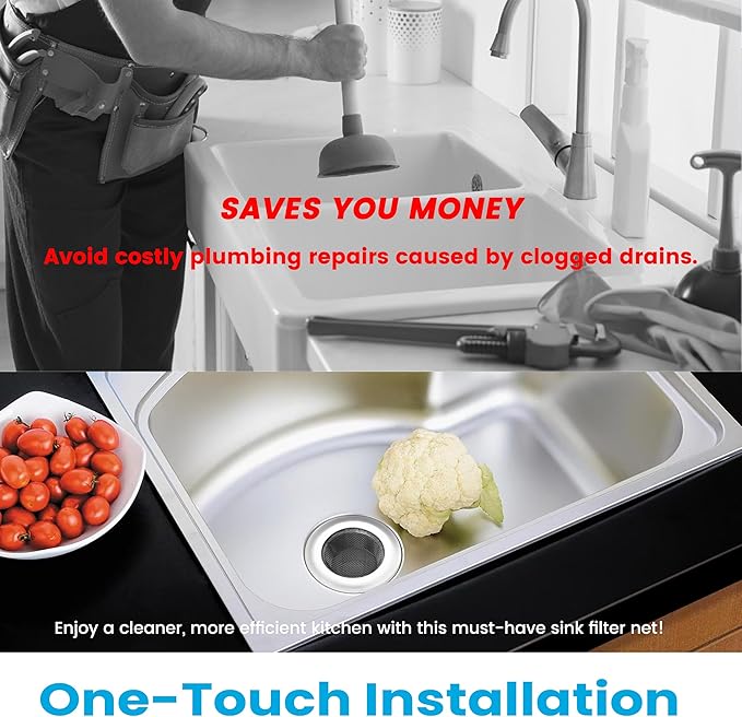 2 PCS Stainless Steel Sink Strainer with Large Wide Rim 4.5" Diameter, Mesh Metal Drain Strainer, Fine Mesh Kitchen Sink Strainer, Hair Basket Drain - Fits Most Kitchen Sink