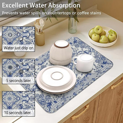 Dish Drying Mat for Kitchen Counter 2 Pack with Non-Slip Rubber Backing - Heat-Resistant Absorbent Coffee Bar Mat, Dish Rack Mat, Blue and White Pattern Dish Drying Mats 18x24+19.5x12 inch