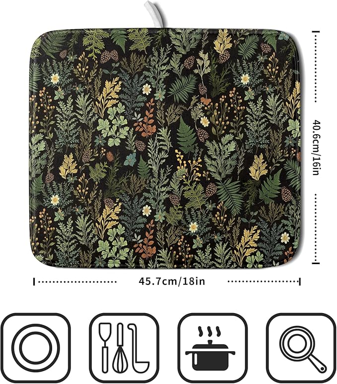 Black Green Botanical Dish Drying Mat for Kitchen Counter 16x18 Inch Super Absorbent Microfiber Kitchen Drying Mat Green Plant Fern Leaves Floral Dish Reusable Washable Dish Drying Pad for Coffee Bar