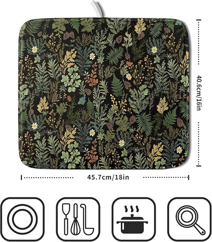 Black Green Botanical Dish Drying Mat for Kitchen Counter 16x18 Inch Super Absorbent Microfiber Kitchen Drying Mat Green Plant Fern Leaves Floral Dish Reusable Washable Dish Drying Pad for Coffee Bar