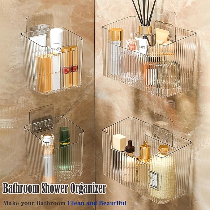 Lae Nuvole Set Of 2 Cabinet Door Organizer Wall Mounted Shower Basket, Shower Caddy Stackable Plastic Adhesive Organizer for Bathroom, Kitchen, Cabinet, Pantry, Makeup, BPA Free, Clear