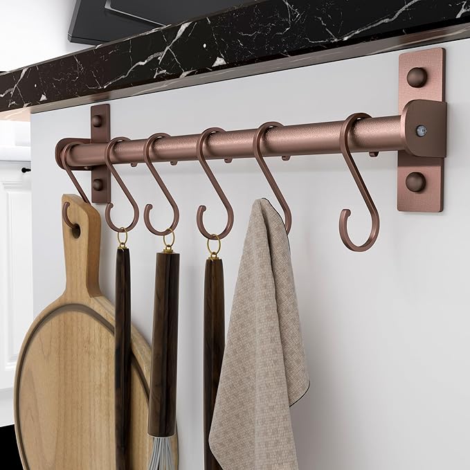Dseap Kitchen Utensil Holder Hanger, Pot and Pan Rack Wall Mounted, Kitchen Rail with 8 Hooks for Hanging Cooking Utensils, Mugs, Spoons, Wall Mounted, Antique Copper New, Pack of 2