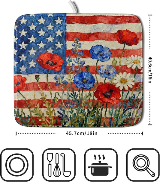 4th of July Patriotic Dish Drying Mat for Kitchen Counter 16x18 Red Blue White Floral American Flag Holiday Absorbent Reversible Microfiber Drying Mats Kitchen Countertop Protector Dishes Drainer Pad