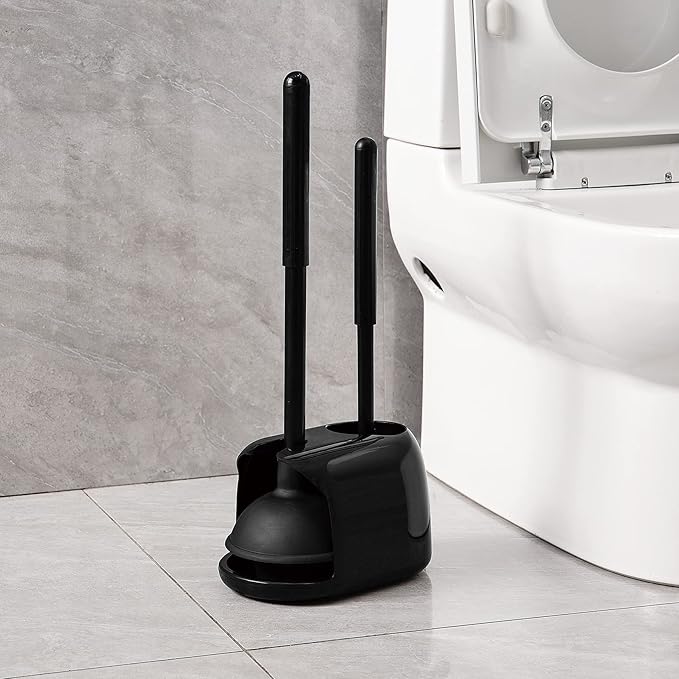 Eyliden Toilet Plunger and Brush, 2 in 1 Toilet Bowl Brush Plunger Set with Holder, Bathroom Cleaning Tools Combo with Caddy Stand, Nylon Bristles, Shatter-Resistant Plastic, Black